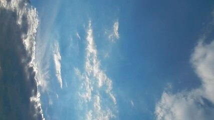 Poster - Blue sky, sunlight and slowly moving white and grey clouds - natural sky background. Topics: cloudscape, sky space, weather, meteorology, season, air space, season