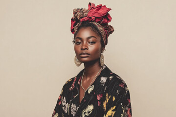 A woman wearing a colorful head scarf and necklace