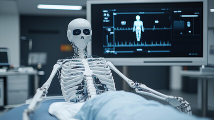 Poster - Digital healthcare and network concept, Medical robot skeleton in healthcare setting with monitoring screen