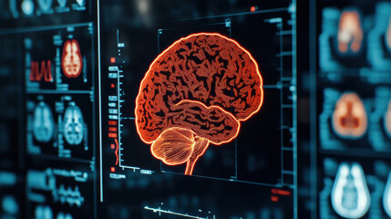 Poster - Digital healthcare and network concept, Digital brain scan visualization with neural pathways highlighted, showcasing advanced technology
