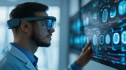 Poster - Digital healthcare and network concept, Man in lab coat using augmented reality glasses to analyze brain scans