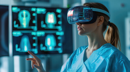 Poster - Digital healthcare and network concept, woman in blue medical gown using virtual reality glasses in healthcare setting