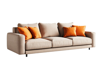 Poster - Couch with orange pillows in a cozy living room setting with natural light and minimalist decor isolated on transparent background..