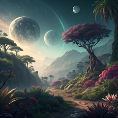 Wall Mural - night landscape with moon and stars