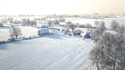 Wall Mural - Serene Winter Landscape with Snow-Covered Houses and Frosted Trees in a Quiet Rural Setting at Sunrise