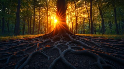 Poster - Majestic tree with expansive roots in a sunlit forest at sunrise, emphasizing nature's beauty and connection. Natural wonder and serenity concept
