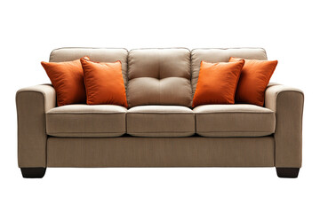 Poster - Couch with two pillows in a cozy living room setting with neutral tones and textured fabric isolated on transparent background..