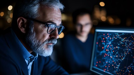 Poster - Senior Caucasian scientist with gray beard and glasses analyzing data visualization on computer screen in dark laboratory setting with colleague in background.