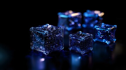 Poster - Glowing blue ice cubes with magical sparkle effect on dark background, frozen crystal blocks with ethereal luminescence create mystical atmosphere for beverage photography.