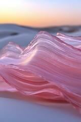 Poster - Pink translucent waves of silk fabric create flowing abstract curves against soft sunset sky background, capturing ethereal light and delicate movement in nature.