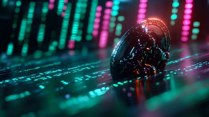 Poster - Glowing cryptocurrency coin against digital data background with pink and green light effects, reflecting modern financial technology market trends.