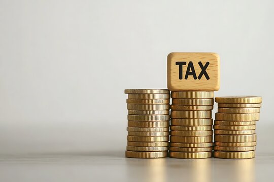 Word tax on wooden block on stacked gold coins to complete Individual income tax payments to government state taxes, Data analysis, paperwork, financial research, report, and Calculate tax refund