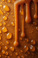 Poster - Dripping caramel sauce with water droplets on brown surface, macro food photography showing sweet liquid texture and golden honey-like streams flowing down.