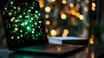 Poster - laptop screen displaying green digital particles with bokeh lights background, modern technology con