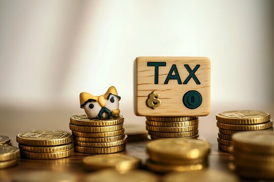 Word tax on wooden block on stacked gold coins to complete Individual income tax payments to government state taxes, Data analysis, paperwork, financial research, report, and Calculate tax refund