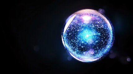 Poster - Glowing cosmic sphere with blue and purple light effects against dark background, magical energy orb with sparkling particles and luminous aura.