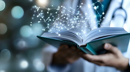 Poster - Open book with glowing magical constellation patterns and sparkles rising from pages against blurred background, creating mystical educational atmosphere.