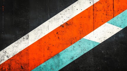 Poster - Grungy abstract geometric mural with red, blue, and white diagonal stripes on a dark worn wall. Urban street art and modern design concept