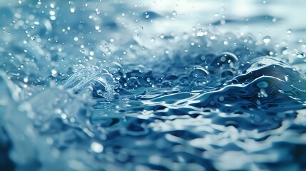 Poster - Macro shot of water surface with splashing droplets and dynamic waves creating abstract pattern in blue tones. Natural water motion background.