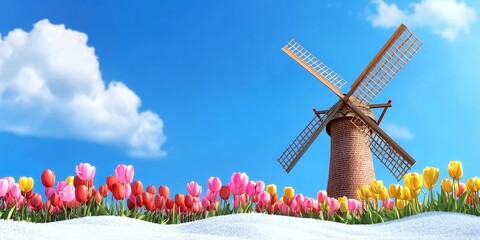 Sticker - A picturesque landscape featuring a windmill surrounded by vibrant tulips under a clear blue sky with fluffy clouds.