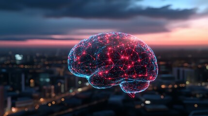 Poster - Glowing neural network brain visualization floating over city skyline at sunset, with red and blue light connections representing artificial intelligence.