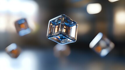 Poster - Floating transparent glass cubes with blue reflections on blurred background, macro photography with shallow depth of field creating artistic abstract composition.