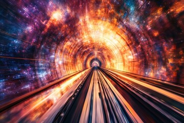 Poster - colorful swirling tunnel with light trails and cosmic effects at high speed