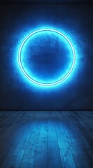 Aufkleber - Neon blue circle on dark textured wall casting light on wooden floor. Futuristic design and modern interior concept