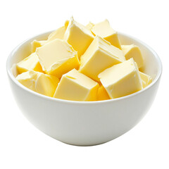 Poster - Creamy butter cubes stacked in white bowl, perfect for cooking and baking. This rich dairy product adds flavor and texture to various dishes