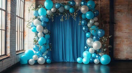 Poster - Elegant Balloon Arch Backdrop for Vibrant Event Decor   Colorful blue white and silver balloons create a beautiful luxurious and modern setting for a party wedding birthday or other special occasion