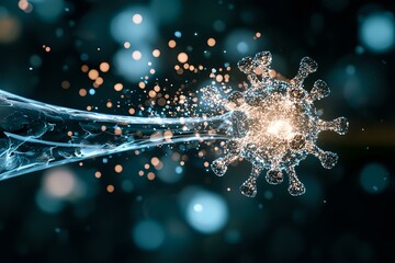 Poster - Glowing virus particle with corona spikes emitting light trails and bokeh effects on dark turquoise background, scientific visualization for medical research and education.