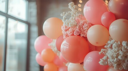 Poster - Cozy and stylish decor with a background of colorful pink red and white balloons and floral arrangements creating a romantic and festive atmosphere for a special occasion like a birthday anniversary