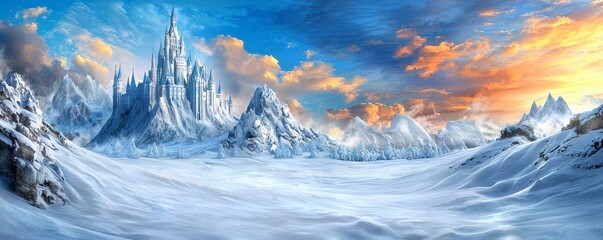 Canvas Print - A majestic winter landscape featuring towering ice castles, snow-covered mountains, and a vibrant sky at sunset, evoking a sense of wonder and tranquility.