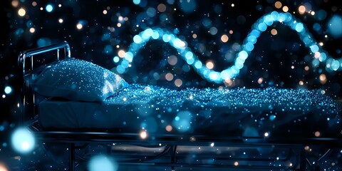 Poster - Magical night scene with glowing blue particles flowing from open book creating ethereal wave pattern against dark background with sparkling bokeh lights.