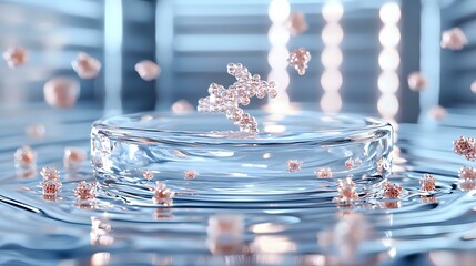 Poster - Metallic rose gold liquid drops splashing on rippling water surface against blue background, creating dynamic circular waves and floating spherical particles.