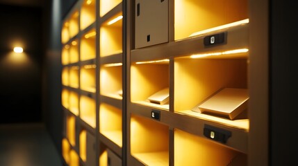 Poster - Warm and Inviting Wooden Shelving Unit with Soft Ambient Lighting Highlighting the Architectural Details and Empty Spaces for Product or Book Display in a Contemporary Minimalist Interior Design