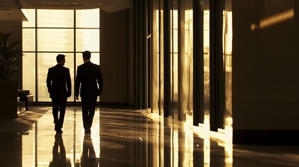 Poster - Two silhouetted business executives walking side by side through a dramatically lit minimalist corporate corridor with large windows casting dramatic shadows on the gleaming floor  The moody