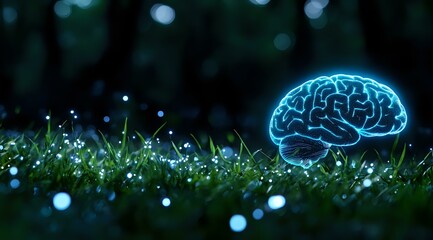 Poster - Glowing blue neon brain on grass with water drops at night, representing artificial intelligence, mindfulness and natural intelligence concept.