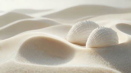 Poster - Seashells on smooth white sand dunes creating gentle curves and shadows in natural sunlight, minimal coastal composition for spa and wellness design.