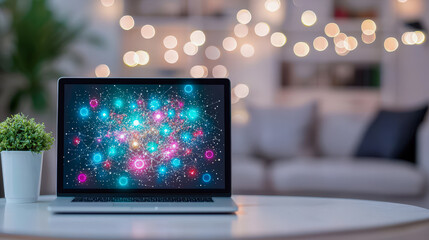 Aufkleber - Colorful digital art displayed on a laptop in a cozy living room with soft lighting and decorative plants