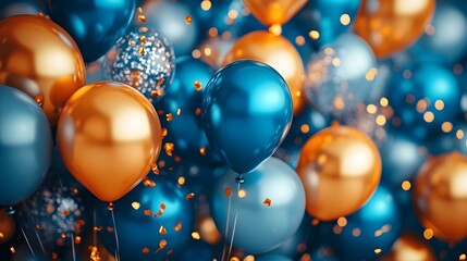 Poster - Vibrant and shimmering balloons in various shades of blue orange and gold floating against a colorful festive background filled with glitter and confetti  The image evokes a sense of excitement
