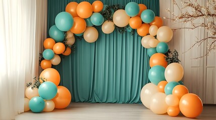 Poster - Elegant and Whimsical Balloon Arch Backdrop in Pastel and Vibrant Colors for Festive Showers and Photo Shoots