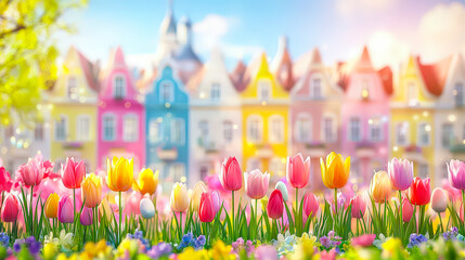Poster - Colorful tulips bloom in front of charming pastel-colored houses during a bright spring day