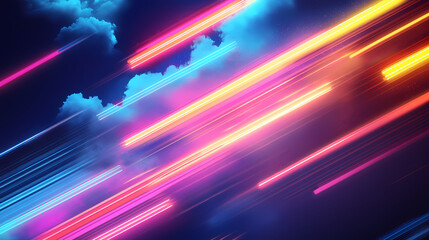 Wall Mural - Abstract minimal backgroun with pink blue yellow neon light square frame with copy space illuminate stormy clouds glowing geometric shape. Neon Light Rainfall. Illustration