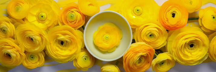 Wall Mural - Bright yellow ranunculus flowers arranged around a bowl with a floating blossom during spring floral display