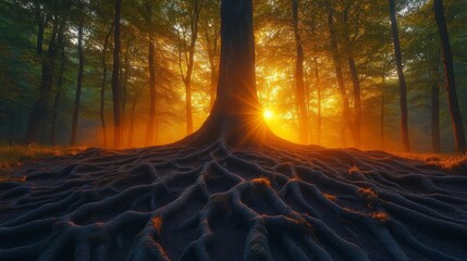 Poster - Majestic tree with sprawling roots in serene forest at sunrise, warm sunlight filtering through foliage. Nature's tranquility and renewal concept