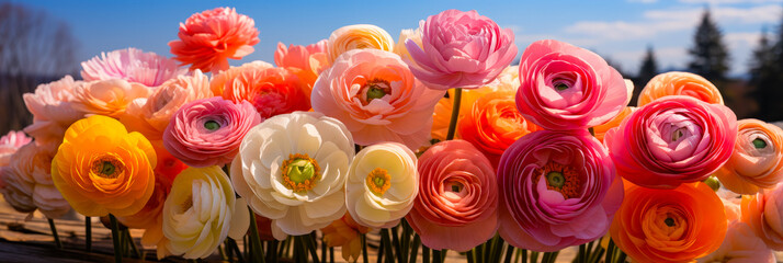 Aufkleber - Beautiful display of ranunculus flowers in vibrant colors under a clear blue sky