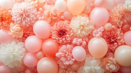 Poster - soft and romantic pastel floral background with blooming pink and white flowers balloons and elegant