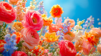 Poster - Colorful spring flowers blooming under a clear blue sky in a vibrant garden setting during daylight hours