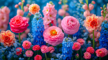 Poster - Colorful spring flowers bloom in a vibrant garden showcasing a variety of species and hues